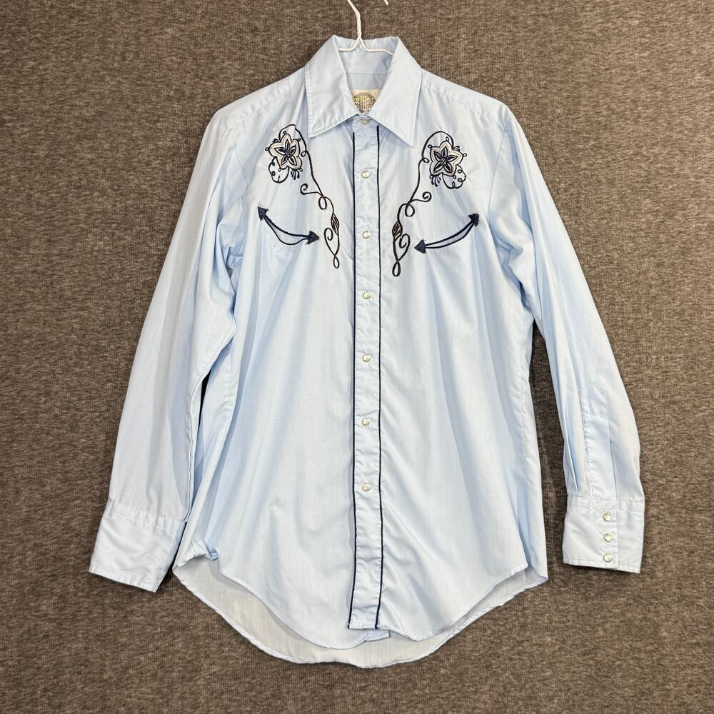 Vintage Miller Western Wear Blue Embroidered Pearl Snap Rodeo Shirt 15-33 USA